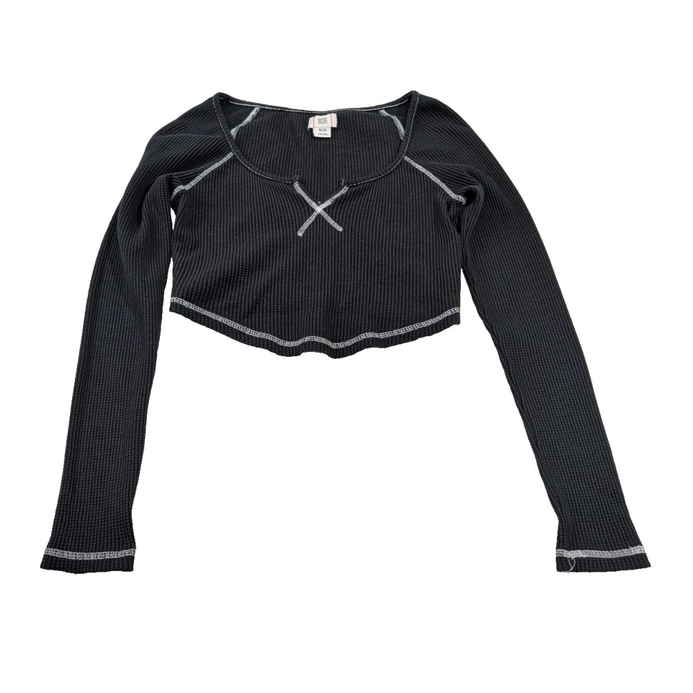 BDG Cropped Waffle Knit Top Women M Black Long Sleeve Y2K Thermal Layer Gorpcore